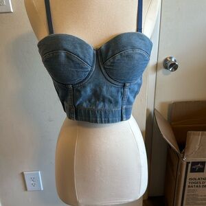 Jeans material crop top straps adjustable